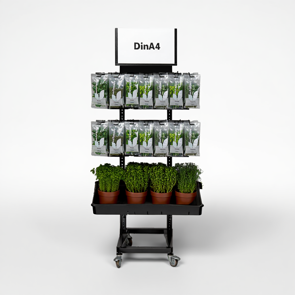 Mobiler Metall Verkaufsständer Variant 3er, Kräuter, Hängeware und Topfware