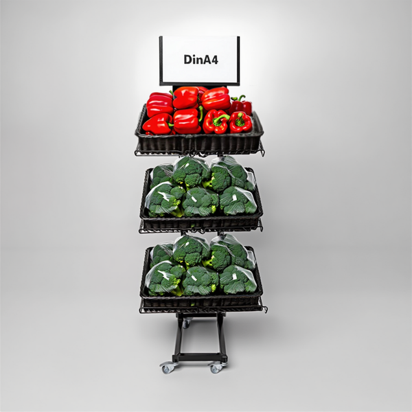 Mobiler Metall Verkaufsständer Variant 3er, Obst und Gemüse mit Rattan Körben